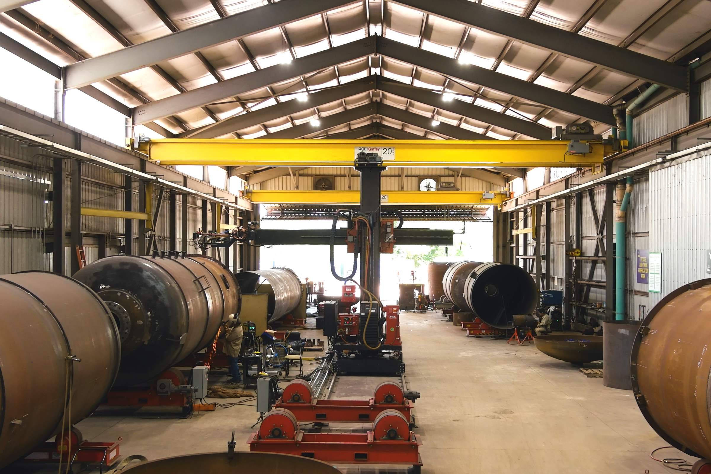 Pressure vessel shells on rollers in PALA's Louisiana fabrication facility
